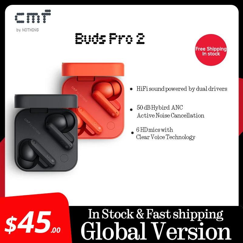 Global Verison CMF by Nothing Buds Pro 2 50dB Hybrid Active Noise Cancellation 6MICS IP55 Bluetooth 5.3