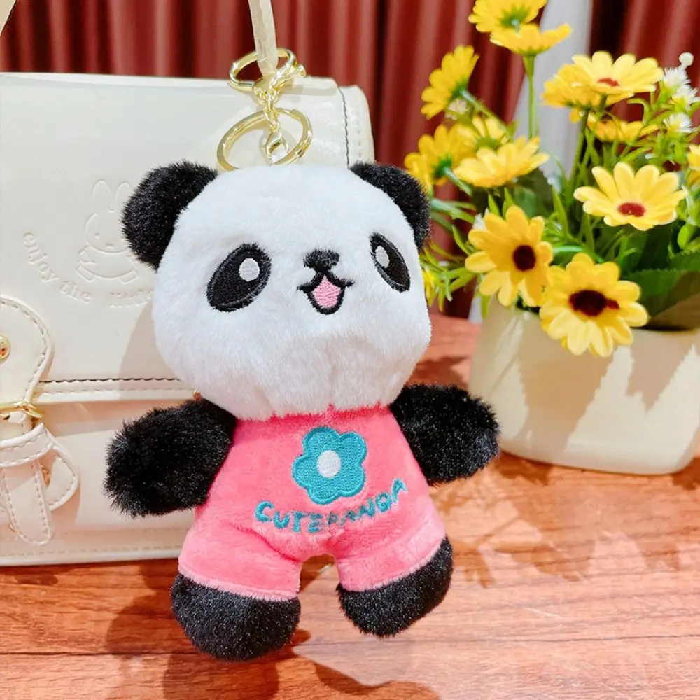 Soft Flowers Panda Keychain Cartoon Cute SchoolBag Doll Pendant Three-dimensional Plush Car Key Chain Charm Birthday Gift