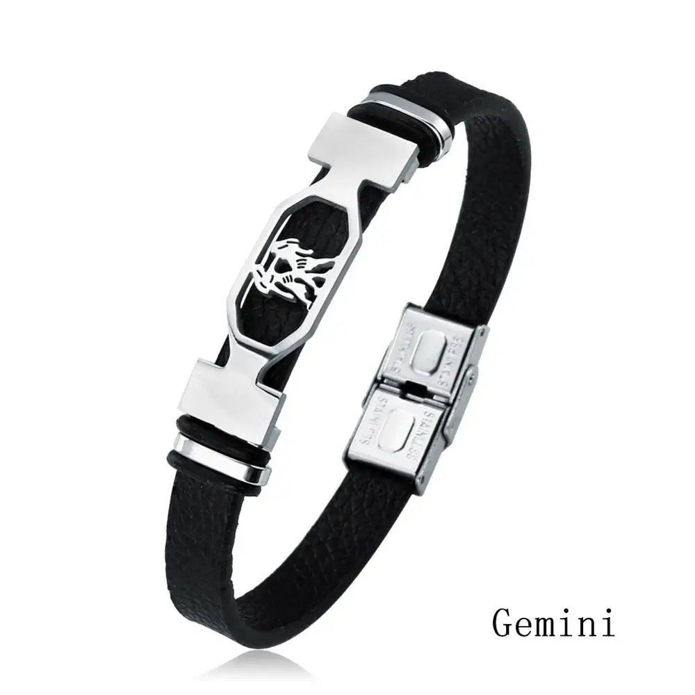 Sign Virgo Men Jewelry Constellation Jewelry Black Leather Bracelet 12 Constellation Bracelet Stainless Steel Men Bracelet