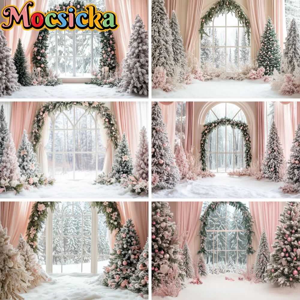 Pink Curtain Arch Window Christmas Photography Backdrop Snow Pine Tree Pink Floral Garland Snow Ground Winter Background Prop