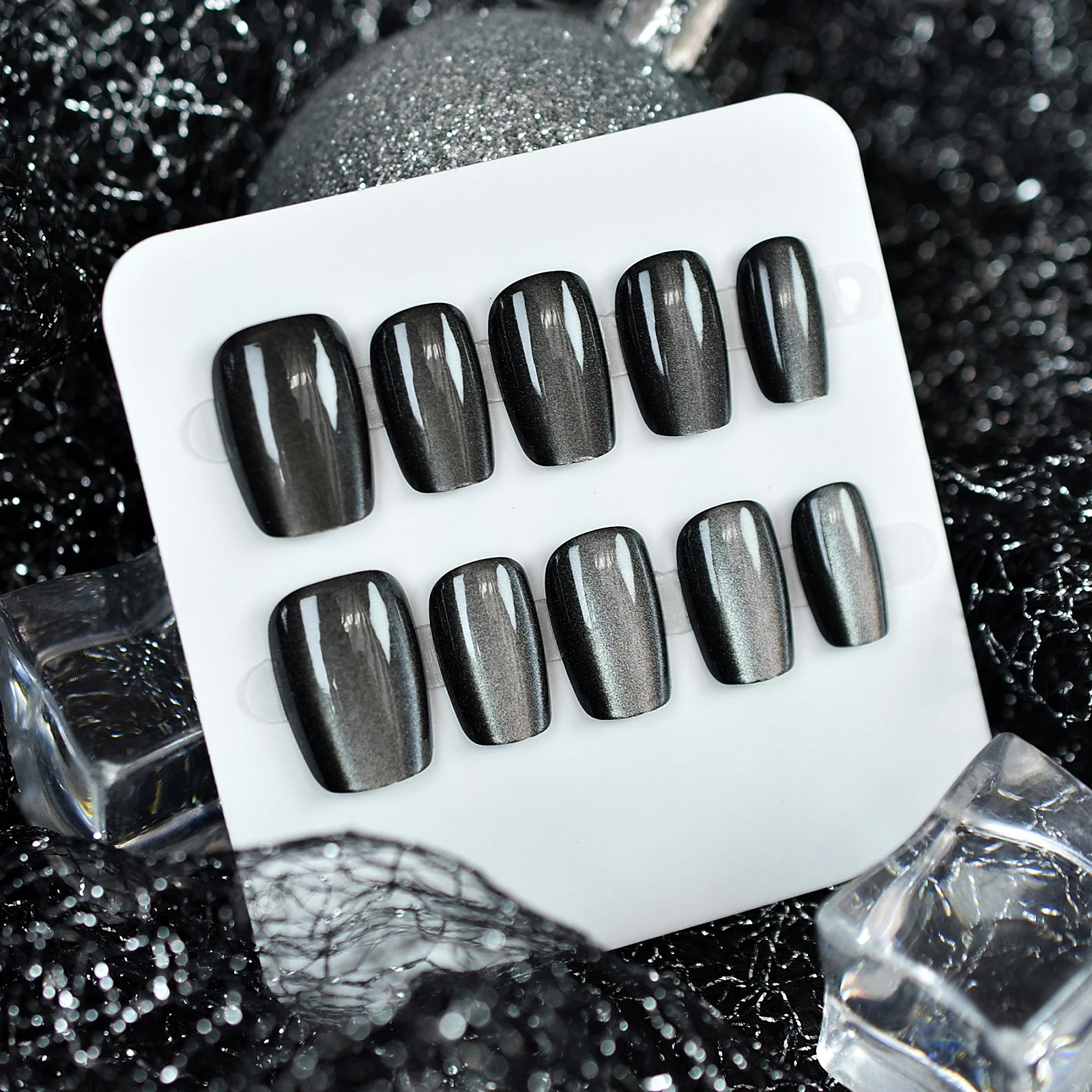 กดบนเล็บ Cateyes Black Square Handmade มี 3 ขนาดให้เลือกสําหรับเด็กผู้หญิง