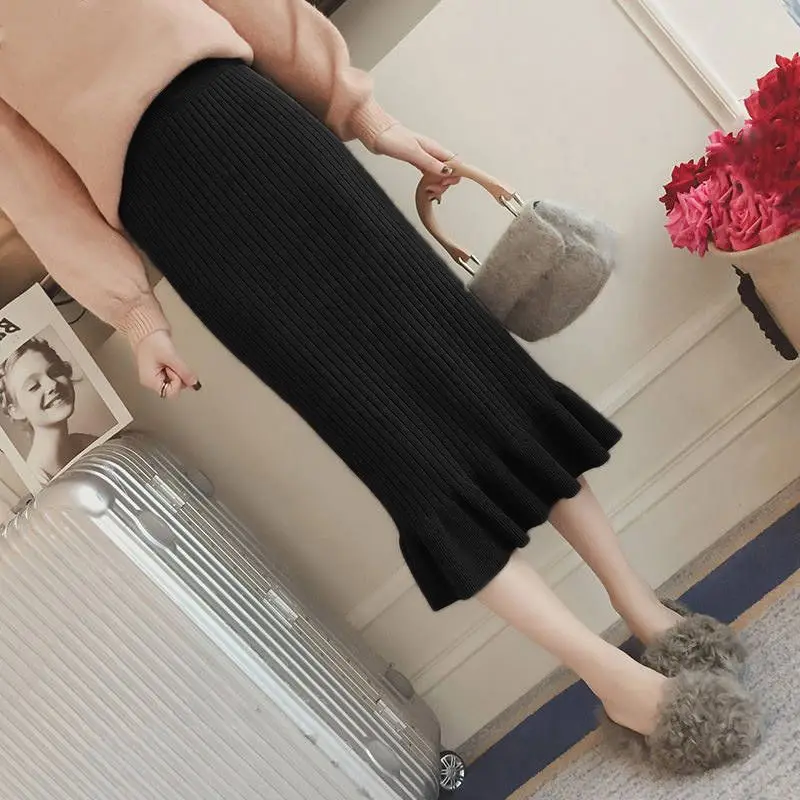 Autumn New Knitting High Waist Ruffle Edge A-line Skirt Solid All-match Slim Fishtail Skirt High Street Fashion Women Clothing