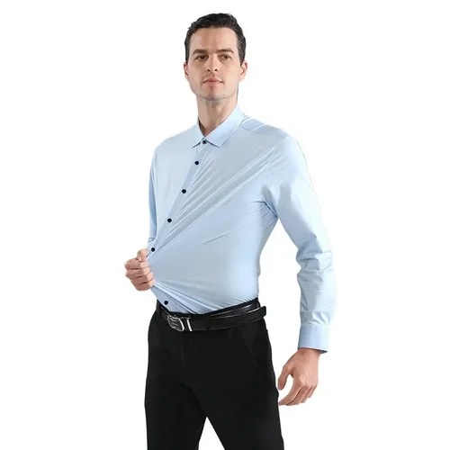 Imagen 2 del producto Camisa blanca con solapa de gran tamaño, sin planchado y elástica, brillo de seda, drapeado, camisa masculina burdeos, ropa de negocios al por mayor.