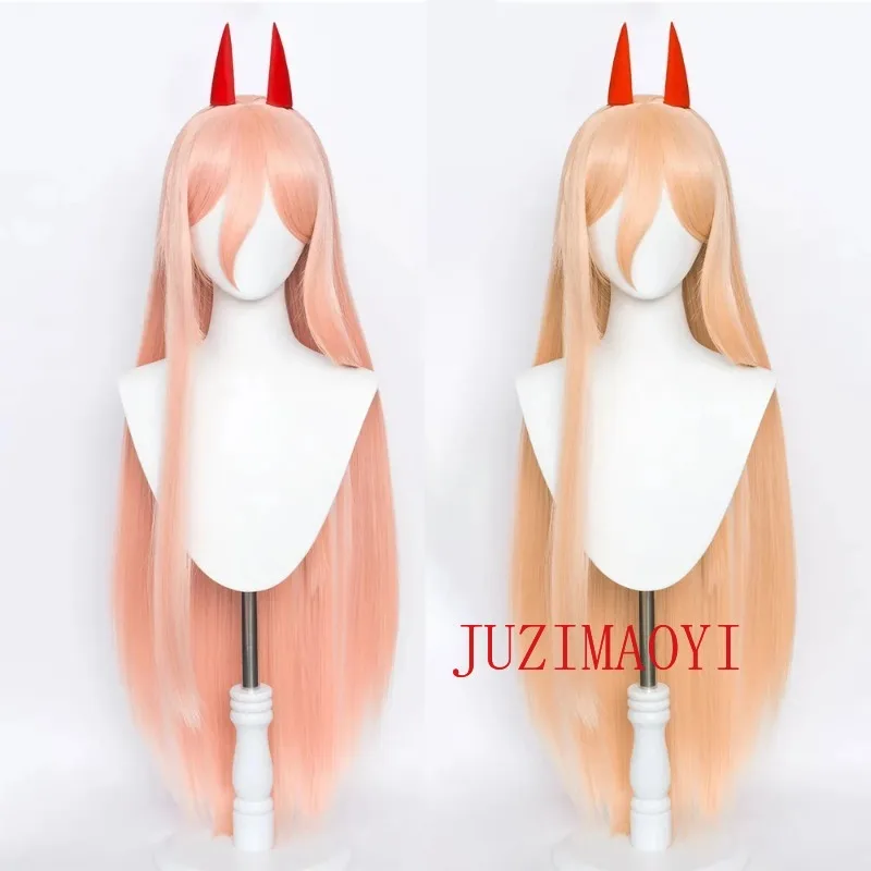 Anime Chainsaw Man Makima Power Cosplay Wig Long Orange Pink Heat Resistant Synthetic Hair Party Role Play Wigs + WigCap + Horns