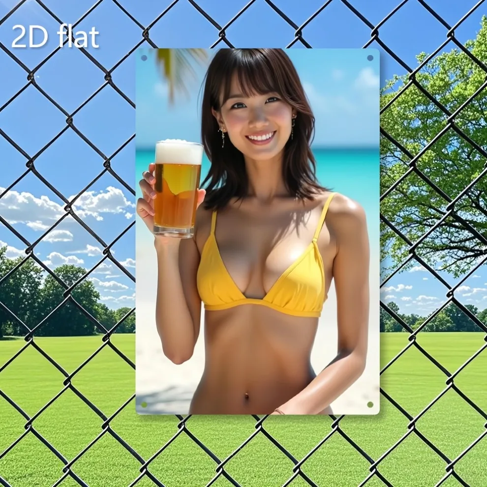 Vintage Tropischer Strand Metall-Wandkunst – Leuchtend gelbes Bikini- & Bier-Design, wetterfeste Eisen-Dekoration 7,87x11,8 Zoll, vorgebohrt für I