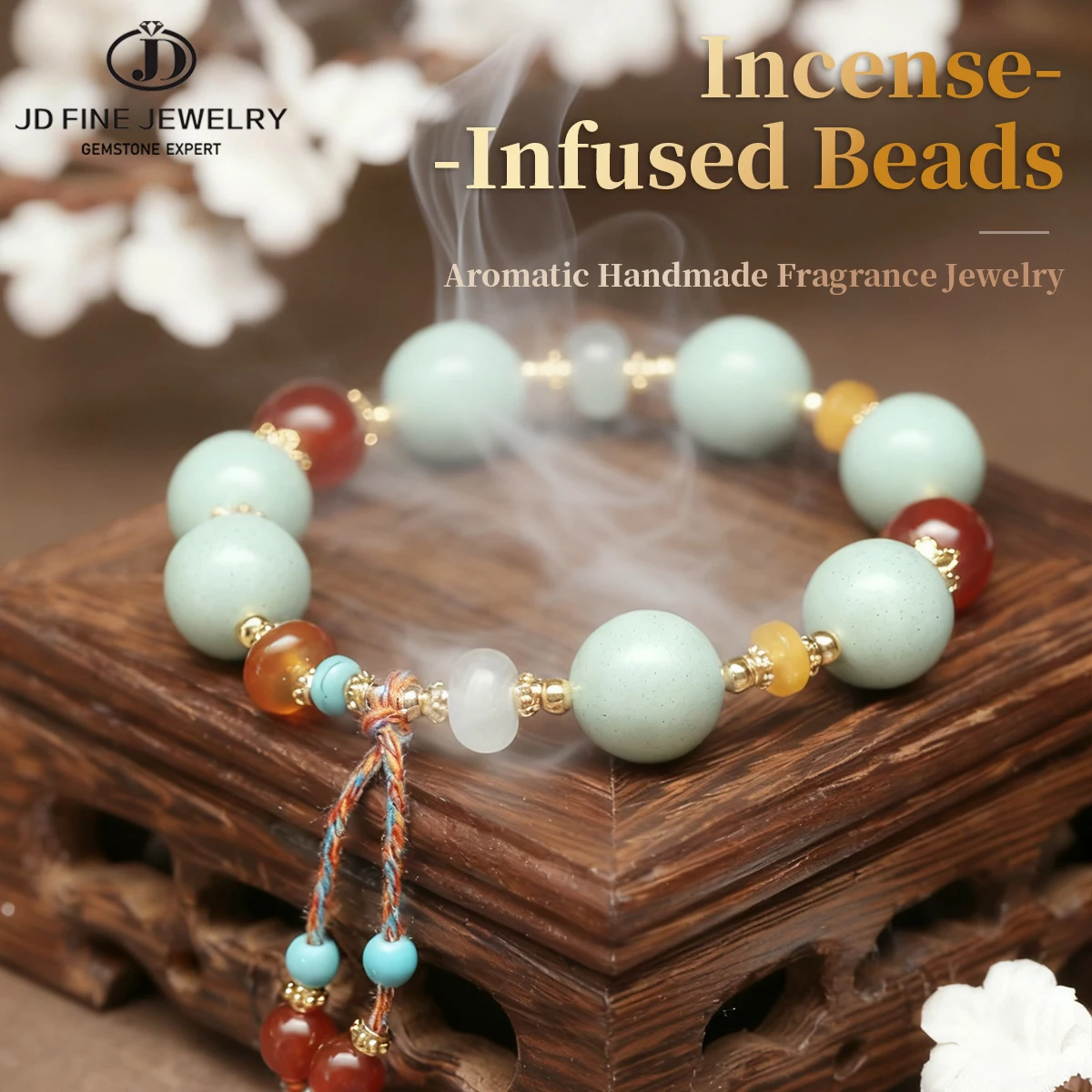 

JD Natural Stone Incense Beads Red Agate Tassel Bracelet Reiki Auspicious Energy Strong Protection Aromatic Lucky Charm Jewelry