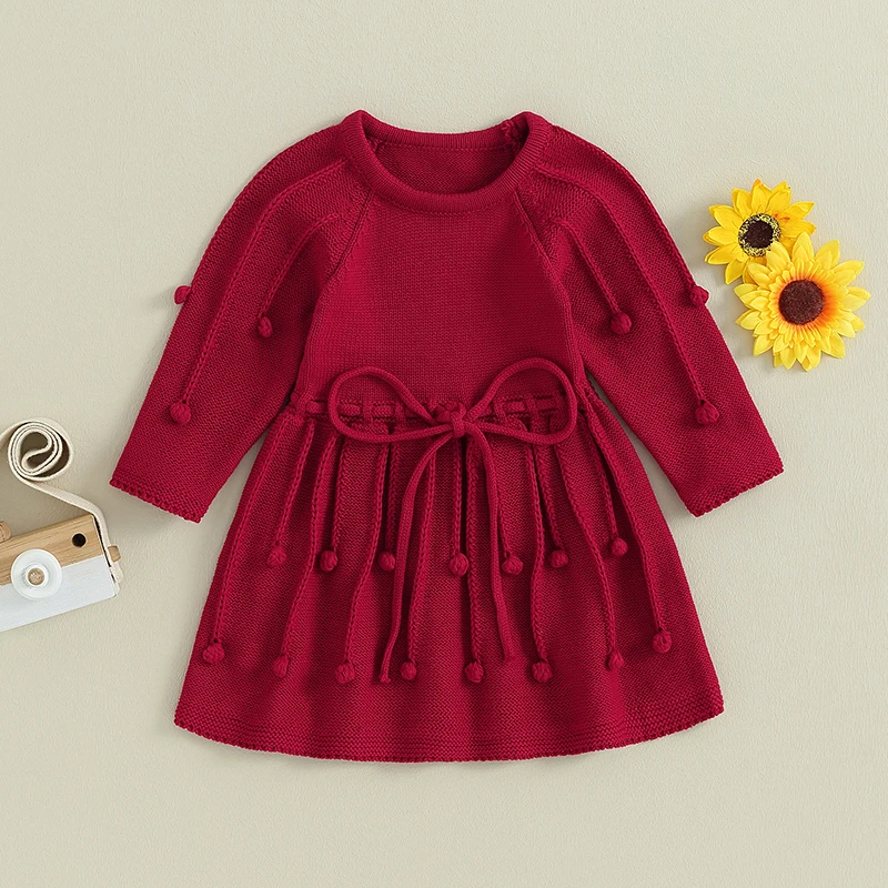 Girls Christmas Sweater Dress with Bobbles - Solid Color Crew Neck Knit Dress for Fall Winter - Long Sleeve Princess Dress for