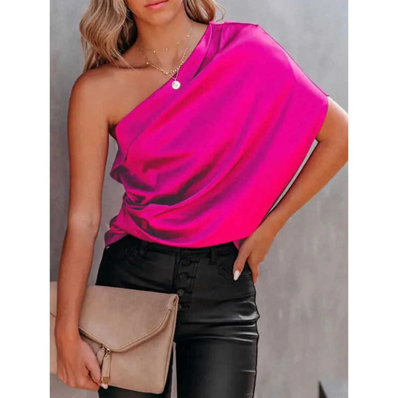 

Krisnanas 2024 New Urban Loose One-Shoulder Fuchsia Shirt Top for Summer Women's Tube Tops Office Urban Simple