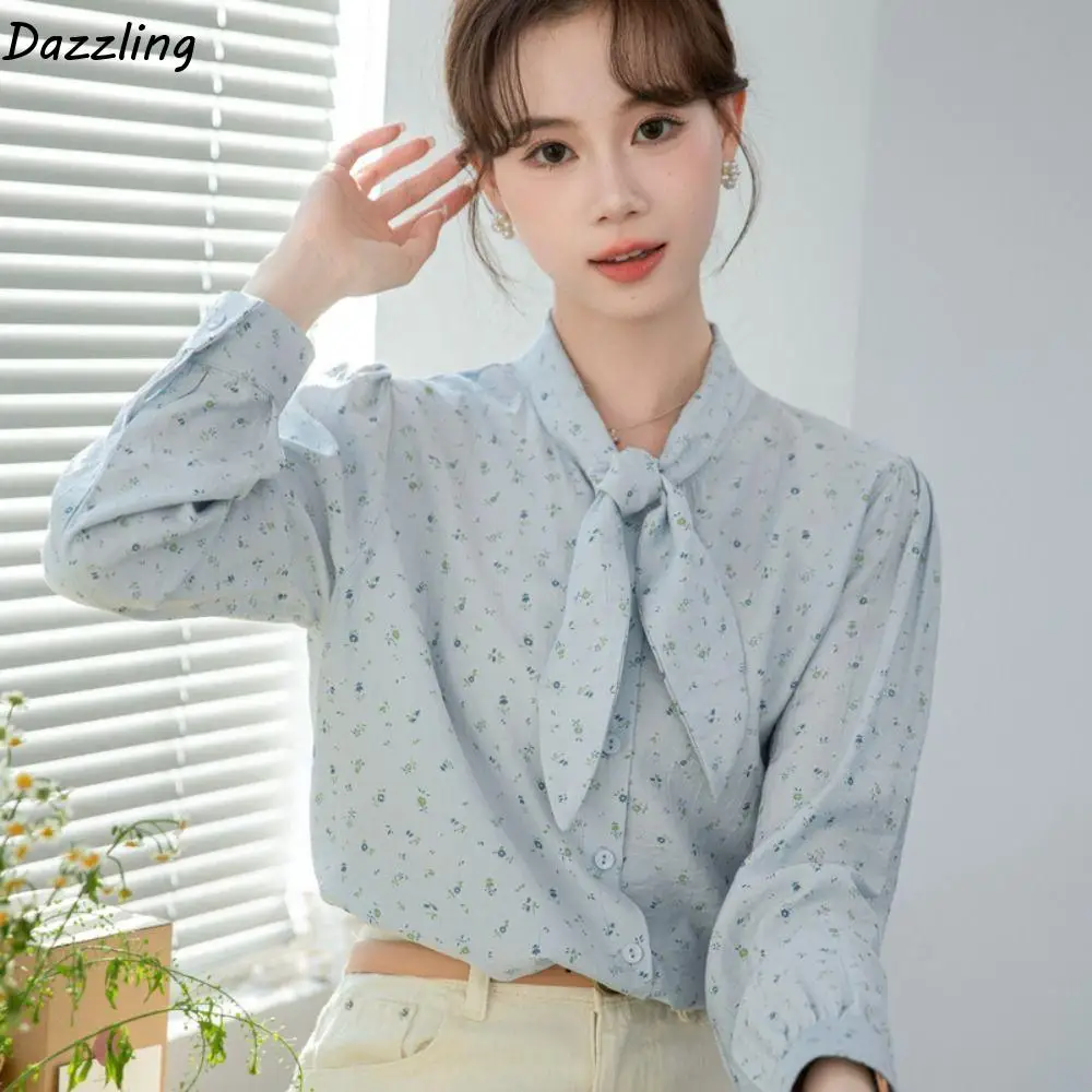 

Fashion Sweet Blouses for Women Light Blue Thin Floral Baggy Shirts Bow Tie Loose Long Sleeve Shirts Office