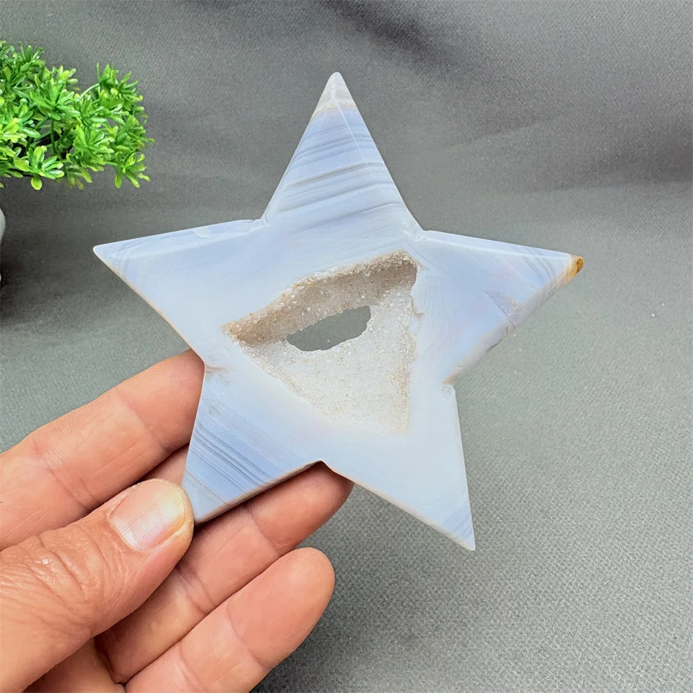 Hand Engraved Natural Crystal Agate Five-Pointed Star Healing Stone Unique Home Decor Gift Display