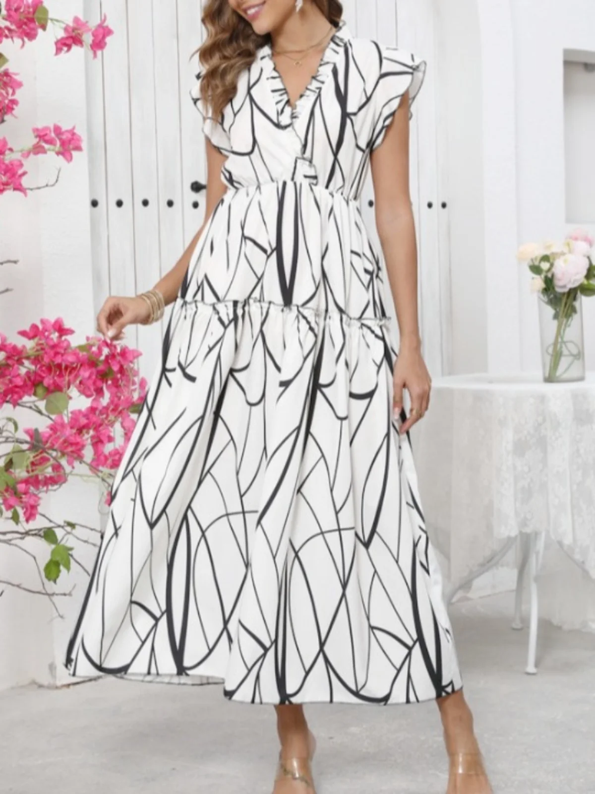 夏の新作Vネック花柄プリント、ウエストシェイプ、ロング丈、女性用ガウン、柔らかいポリエステル生地、フライスカート