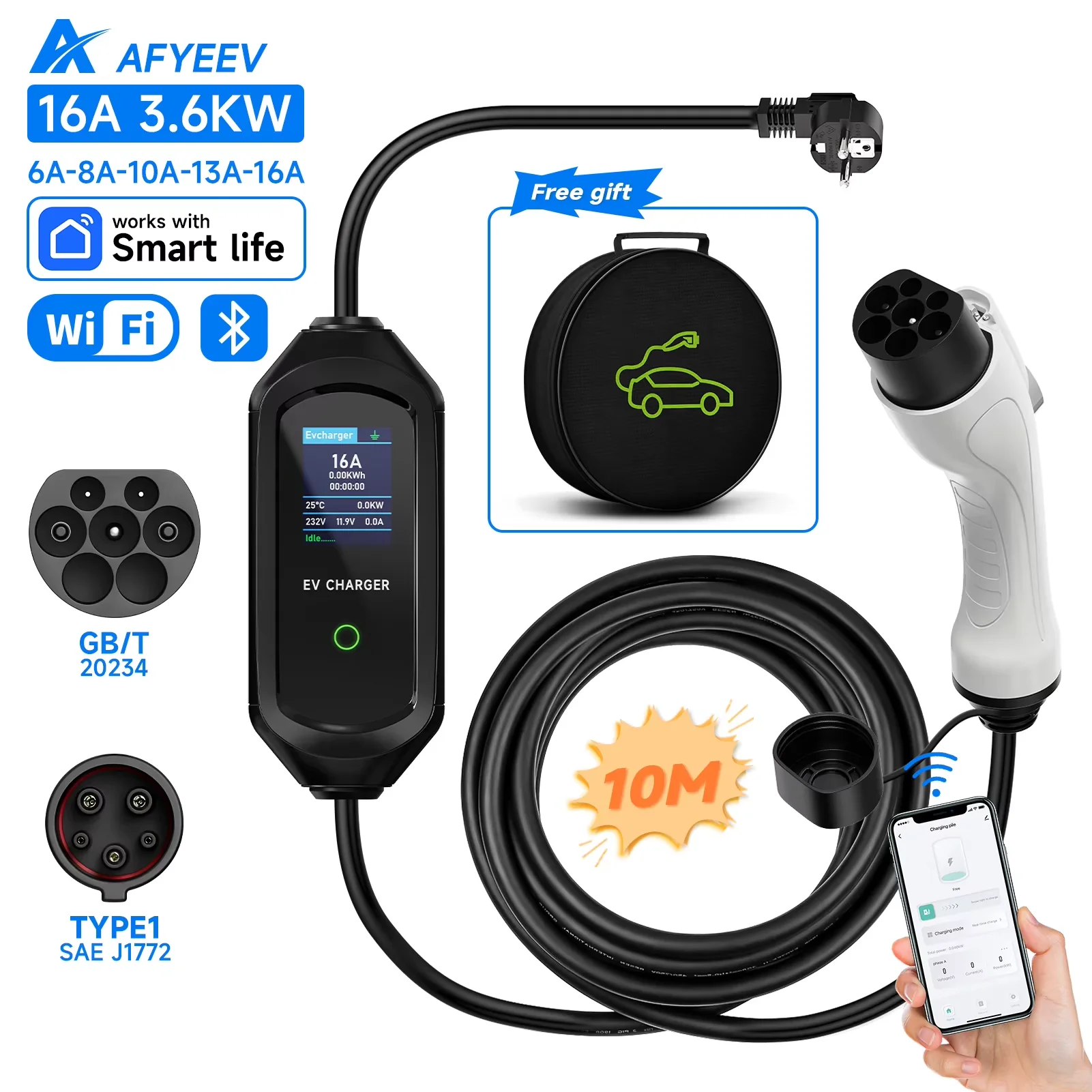 AFYEEV 3600W Portable Type1 SAE J1772 EV Charger GBT Electric Car Charger EVSE Charging Cable EU Plug WiFi Bluetooth APP Control