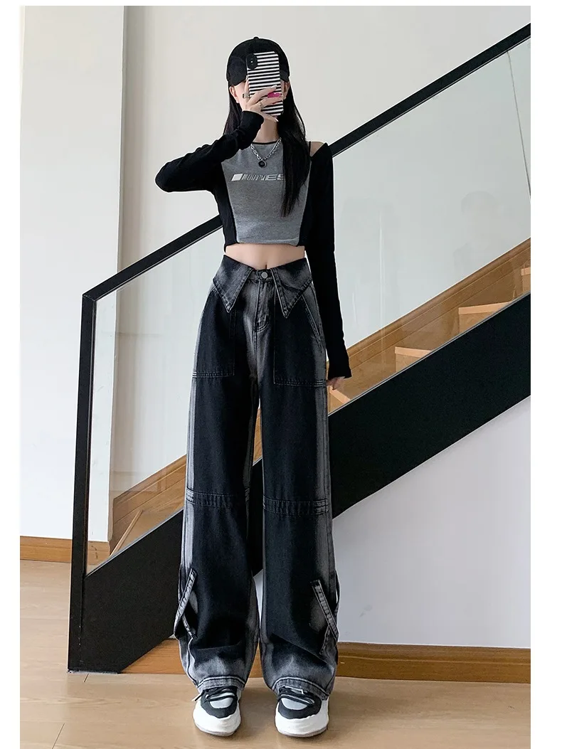 Proste jeansy damskie w stylu western, kowbojskim, amerykańskim, retro, vintage, modne, wygodne, z frędzlami, unisex.