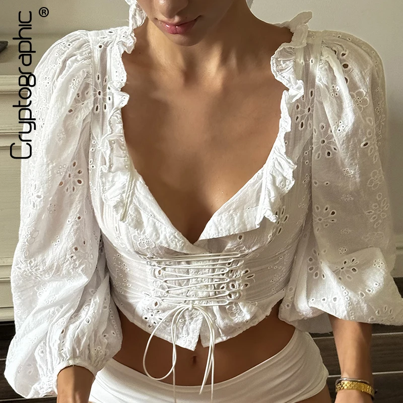 

Cryptographic Fashion White Lace Up Tie Front Top Cardigans Outfits for Women Single Breasted Lantern Sleeve Tops Cropped Boho