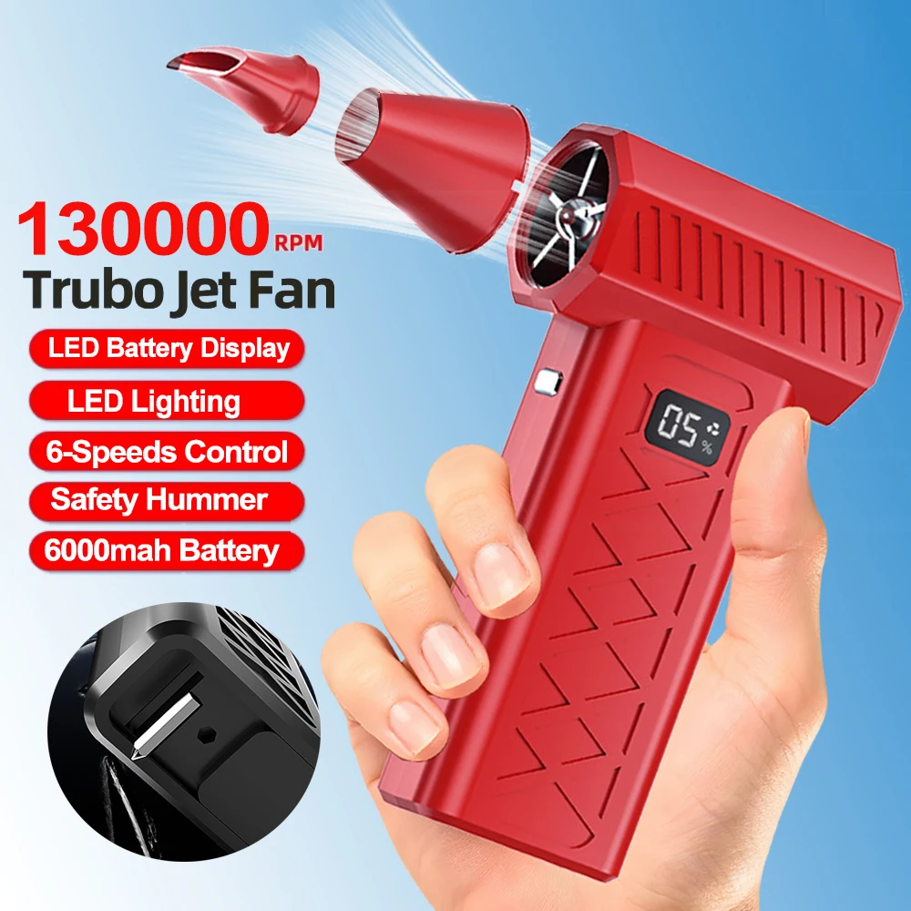 

Handheld Turbo Jet Fan Electric Air Duster 130000RPM Air Blower 6 Gears Violent Fans With LED Lighting Lamp & Safety Hammer