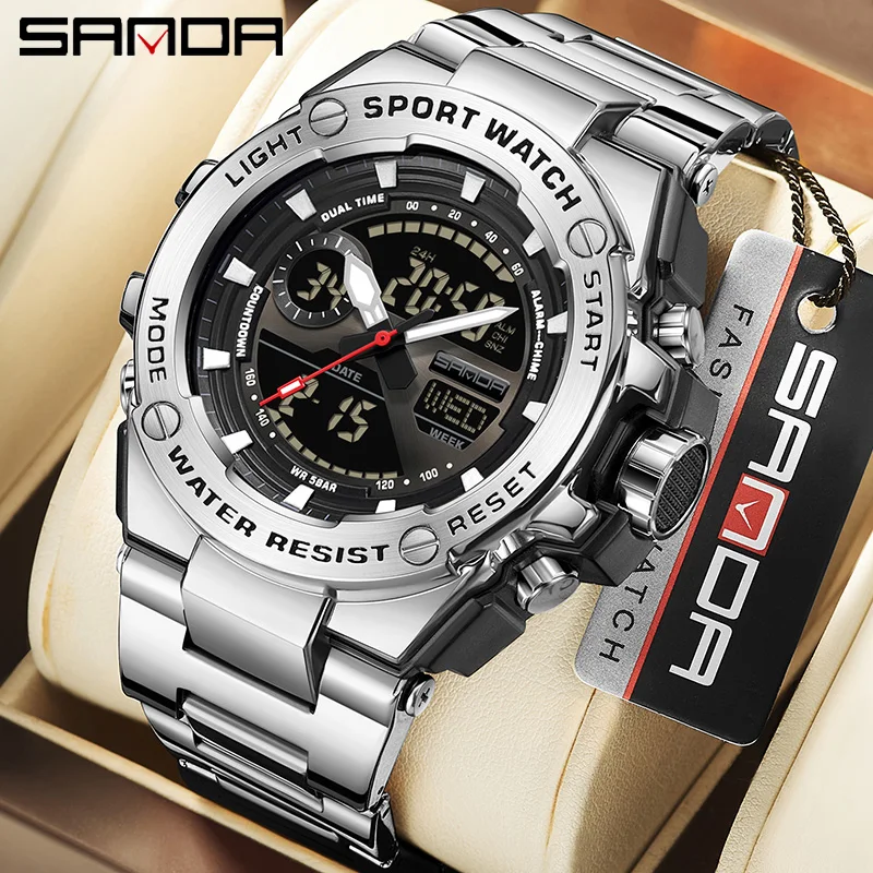 

SANDA лучший бренд кварцевые часы для мужчин из нержавеющей стали двойной дисплей спортивные наручные часы водонепроницаемые светодиодные цифровые электронные мужские часы