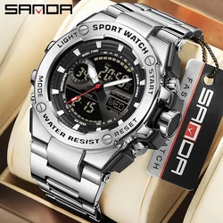 SANDA Top Brand Quartz Watches for Men Stainless Steel Dual Display Sport Wristwatch Waterproof LED Digital Electronic Men Clock