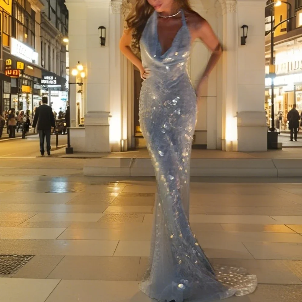 

2025 Sexy Patchwork Sequin Bodycon Dress for Women Halter Neck Sleeveless High Waist Folds Fish Tail Dresses Female New