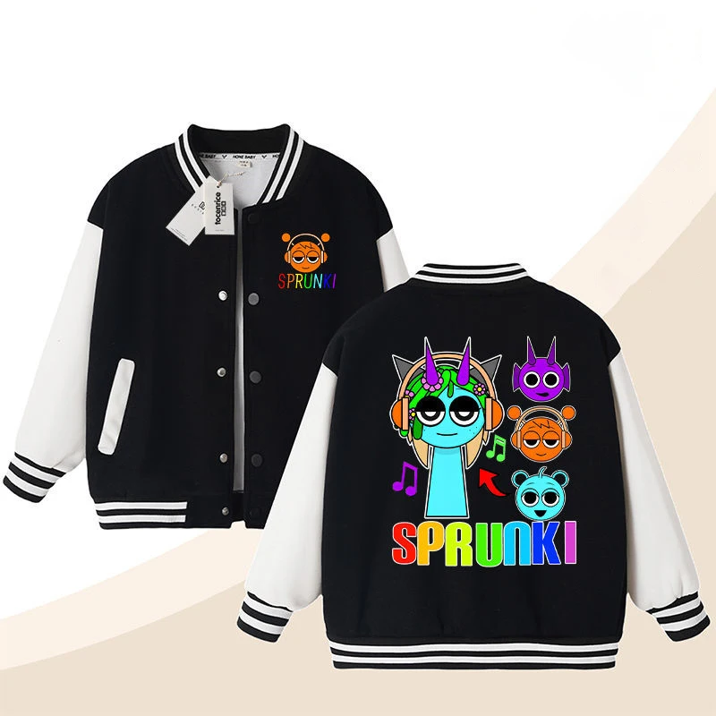 Sprunki Jacket Cartoon Game Incredibox Rhythm Box Pattern Children's Wear Boys Girls Coat Autumn Winter Clothes Baseball Jacket