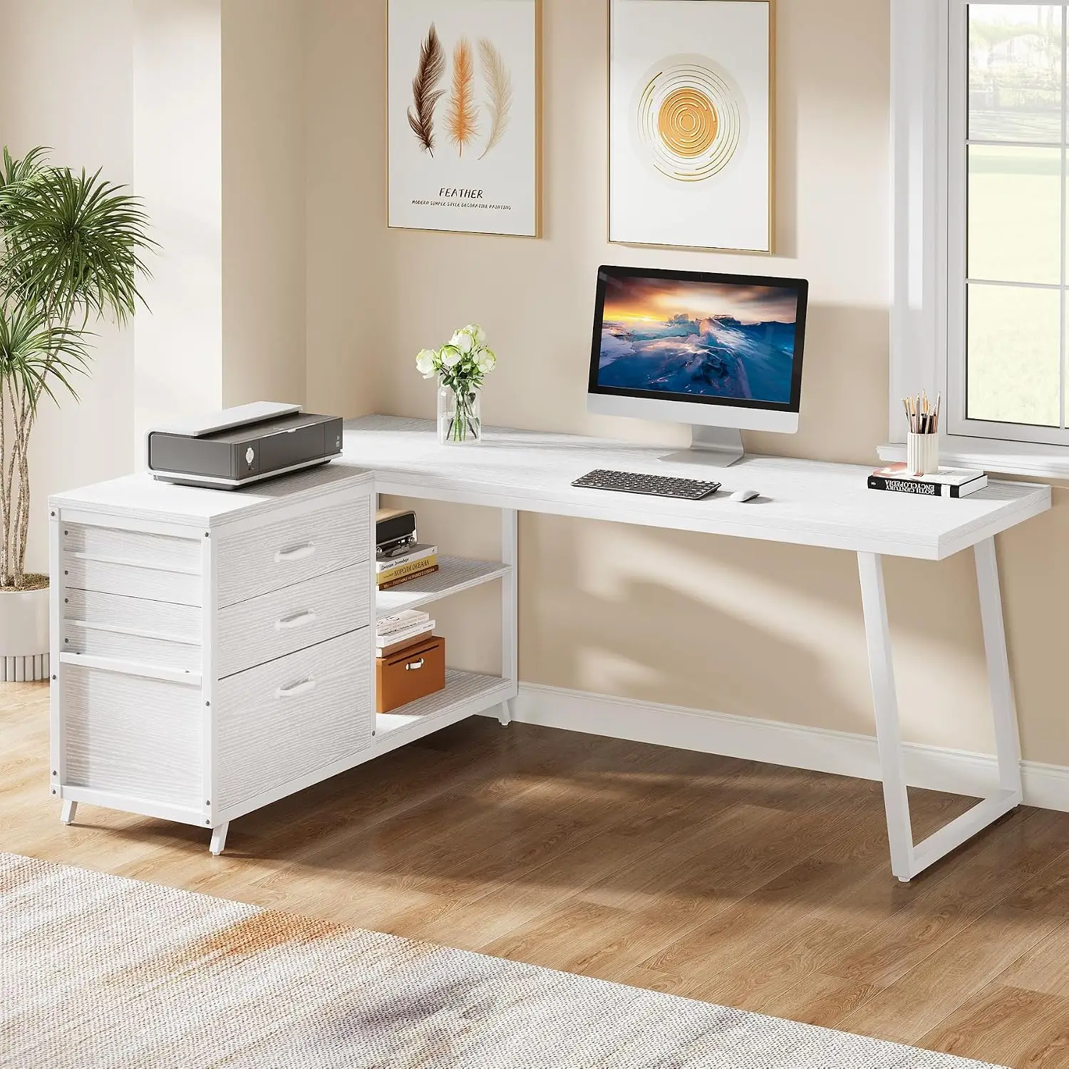 L Shaped Office Desk Reversible Corner Computer Desk with 3 Drawers & 2 Shelves for Home Office Study Gaming White, Customized
