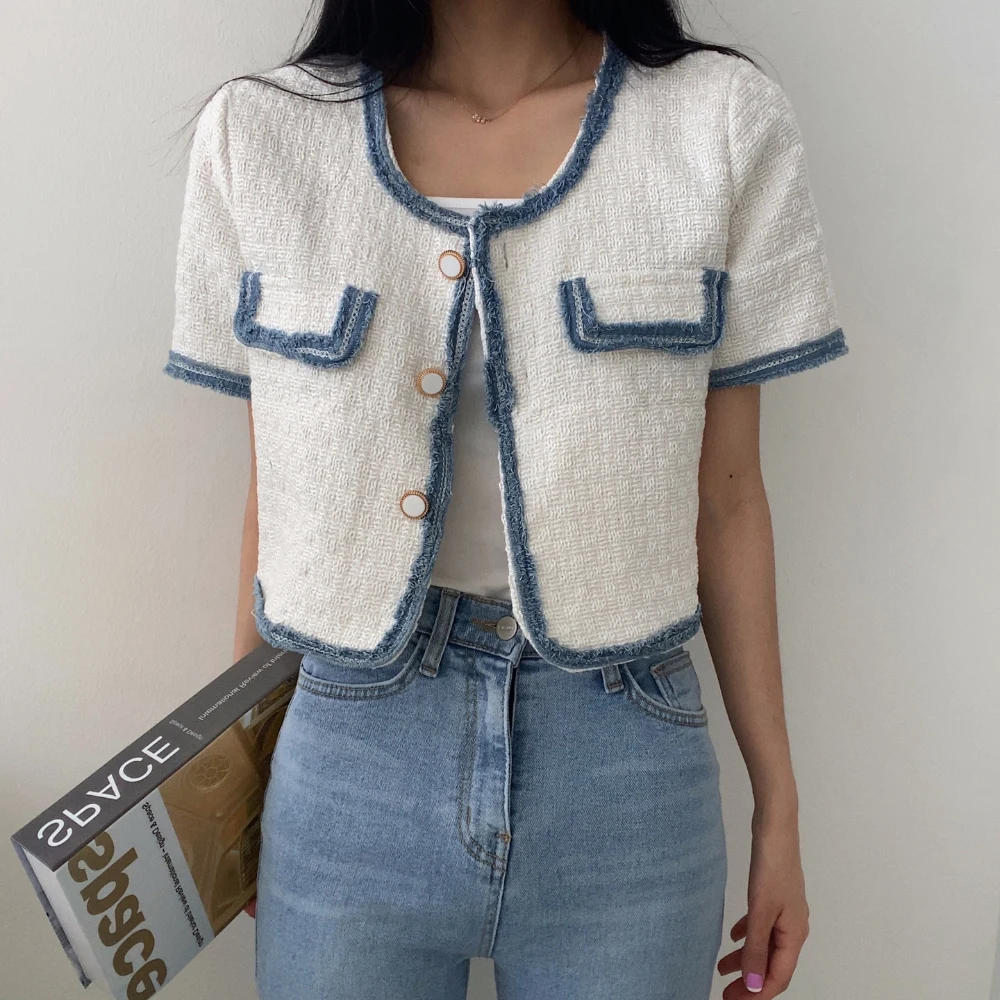 

Korea Chic Tweed Jacket Women Luxury 2024 Summer Short-sleeved Round Neck Black Cropped Top Short Loose Casual White Jacket