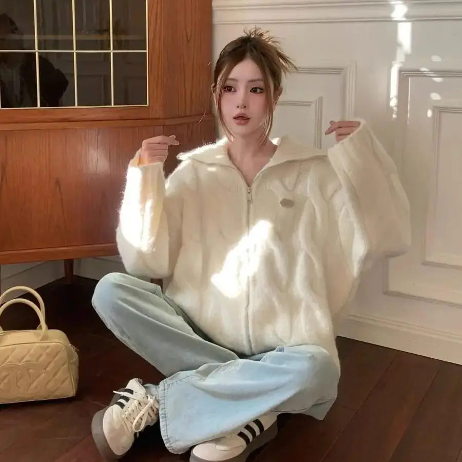 Korea Women Cardigan French Simple Style Lapel Sweater Long-sleeved College Style Sweet Twist Dot Bottoming Casual Cardigan