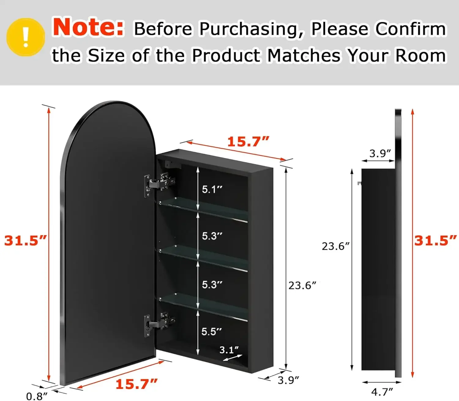 Arched Medicine Cabinet with Mirror, Aluminum Alloy Brushed Frame Bathroom Mirror with Storage, 3 Adjustable Shelves