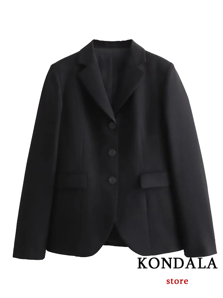 

KONDALA Vintage Chic Women Blazer Black Solid Single Breasted V Neck Long Sleeve Pockets Blazer Fashion 2024 Office Lady Blazers