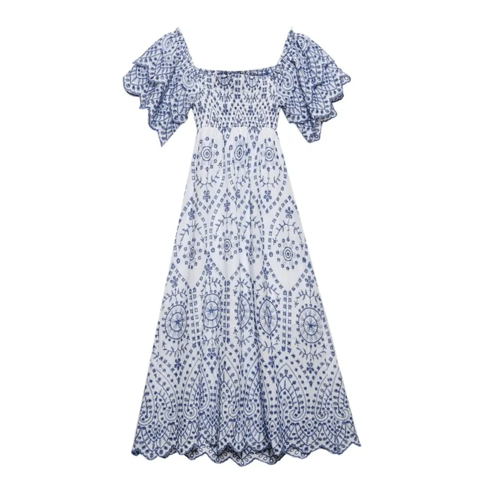 Abiti da festa midi con maniche svasate e volant da donna BOHO Abito estivo senza schienale con spacco scavato con ricamo floreale bianco blu estivo