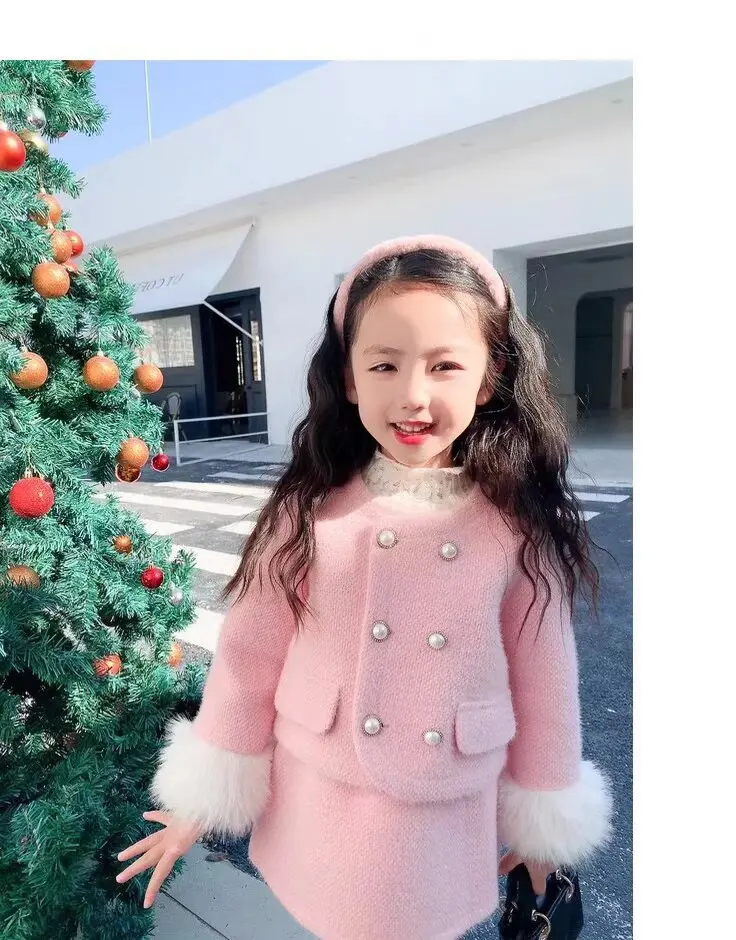 2026 Winter New Clothing SuitsNew Year's Girls' Set with Cotton and Thickened Small Fragrant Plush Jacket+ Hip Hugging Skirt