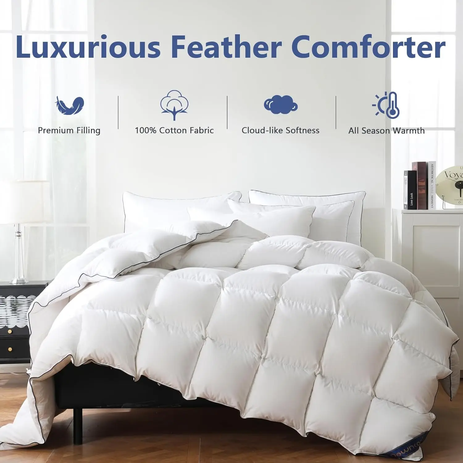 Feather Comforter King Size, White Fluffy Duvet Insert King with Ultra Soft 100% Cotton Cover, All Season Luxurious Hotel Bed Co