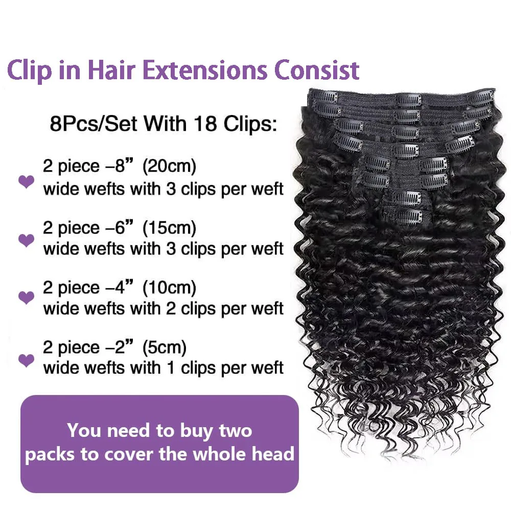 Clip In Extension Deep Wave Full Head for Black Women Brazilian Remy Human Hair Natural Color 8Pcs with18clips 120g/Sett 24inch