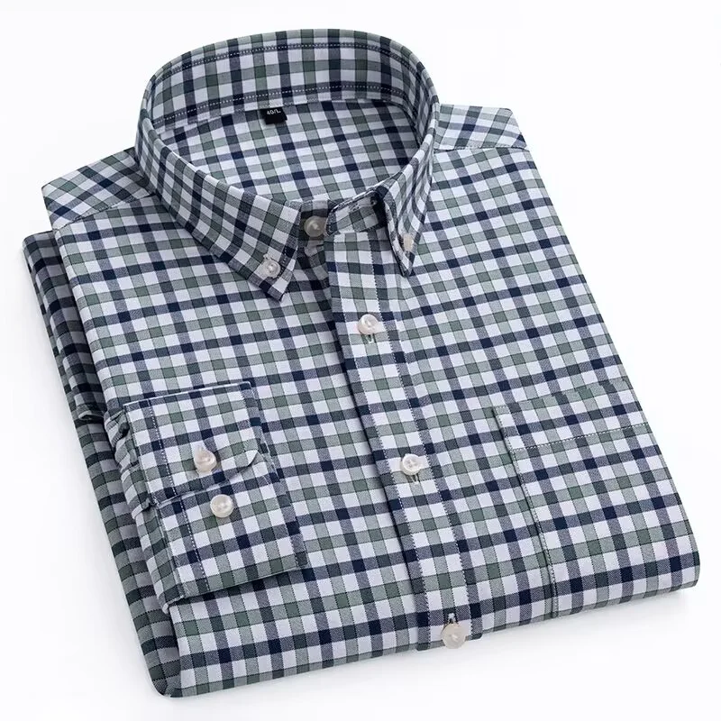 Men\'s 100% Cotton Striped Shirt Casual Long Sleeve Standard-fit Comfortable Button-down Plaid ShirtsSingle Patch Pocket