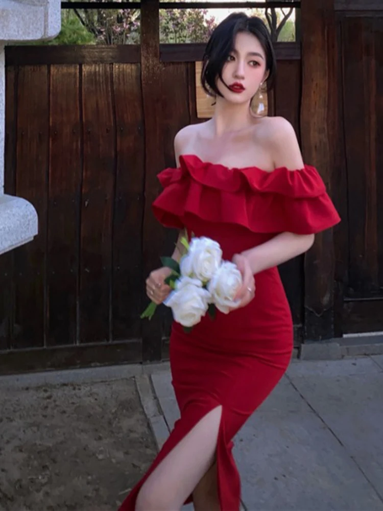 

Women Summer Retro French Style Waist Red Long Dress Lotus Leaf Edge One Piece Neck Off Shoulder Commuting Dress Dress
