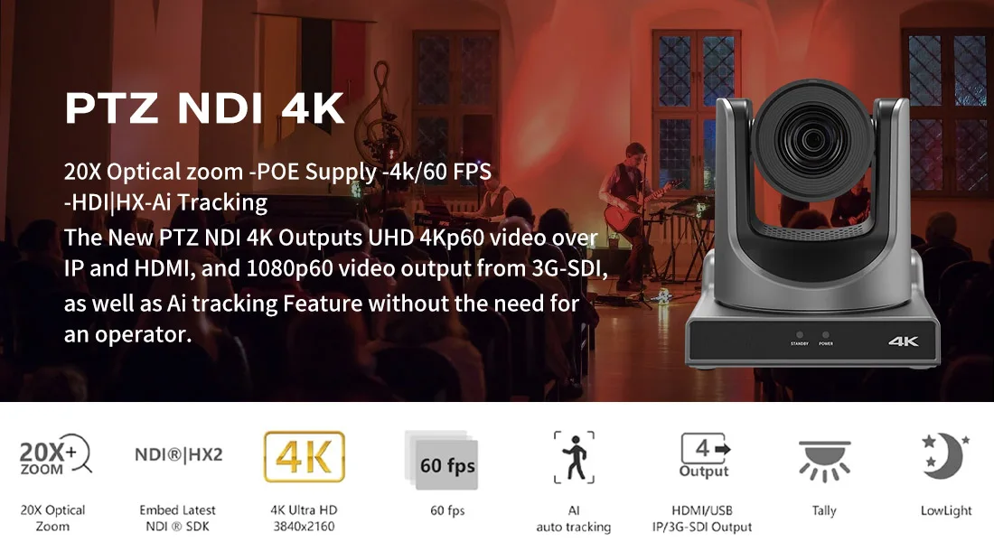 Runpu 4K60FPS NDI Camera POE 12X 20X Zoom AI Tracking PTZ Camera SDI HDMI USB POE IP Conference Camera for Church Live Streaming