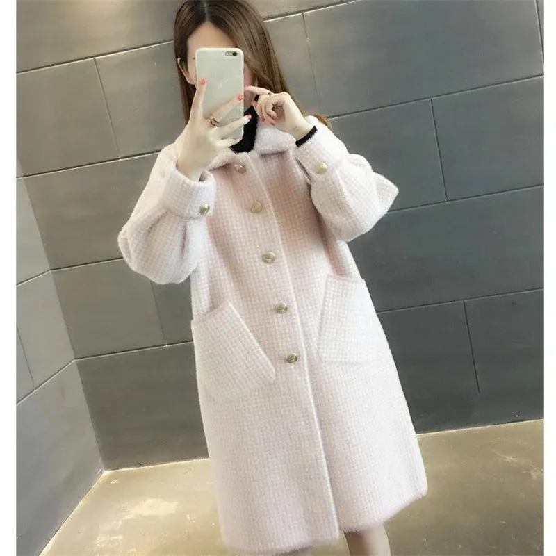 Autumn and Winter Golden Sable Knitted Cardigan Women\'s Sweater Medium Long Thick Loose Coat Coat Coat Woolen Plaid Large