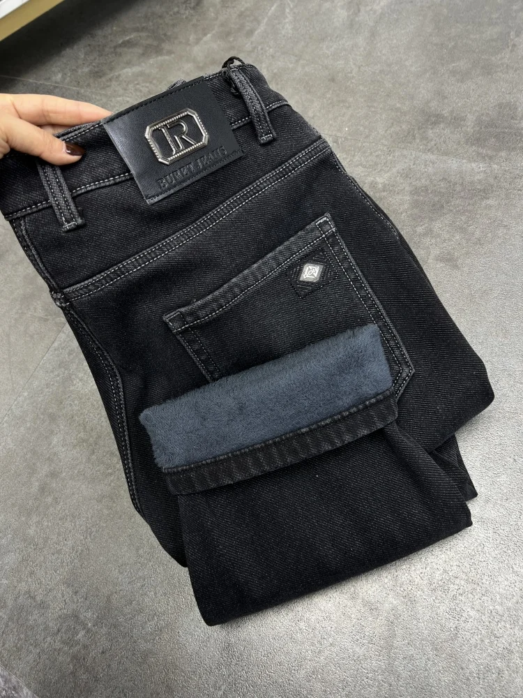 

Мужские зимние теплые джинсы с подкладкой Thiened Fce, свободные эластичные джинсовые длинные брюки, современные брюки со средней талией