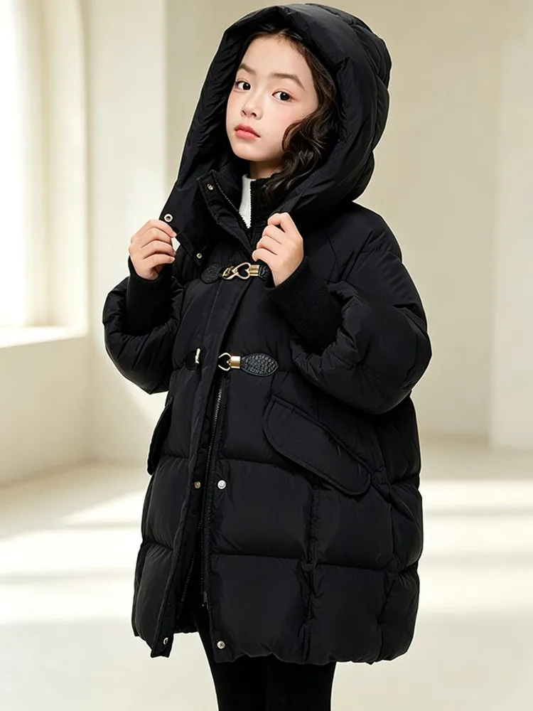 Mädchen Winter Daunenjacke 90% Weiße Entendaunen Mittellange Kapuzenparka Kinder Mädchen Warme Oberbekleidung Winddichter Kindermantel 5-14 Jahre – Detail 10
