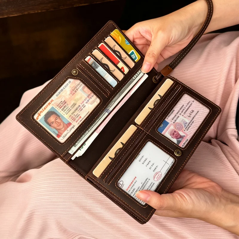 Genuine Leather Clutch Bag For Men Long Retro Zipper Handbags Card Holders Coin Purses Money Clip Male Wallets