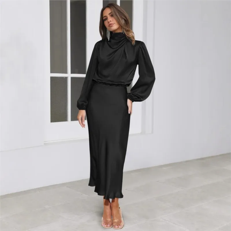 فستان أنيق من الساتان برقبة عالية وأزرار مجوفة وأكمام طويلة للربيع والخريف فستان سهرة للحفلات بمزاج أنيق للنساء #3