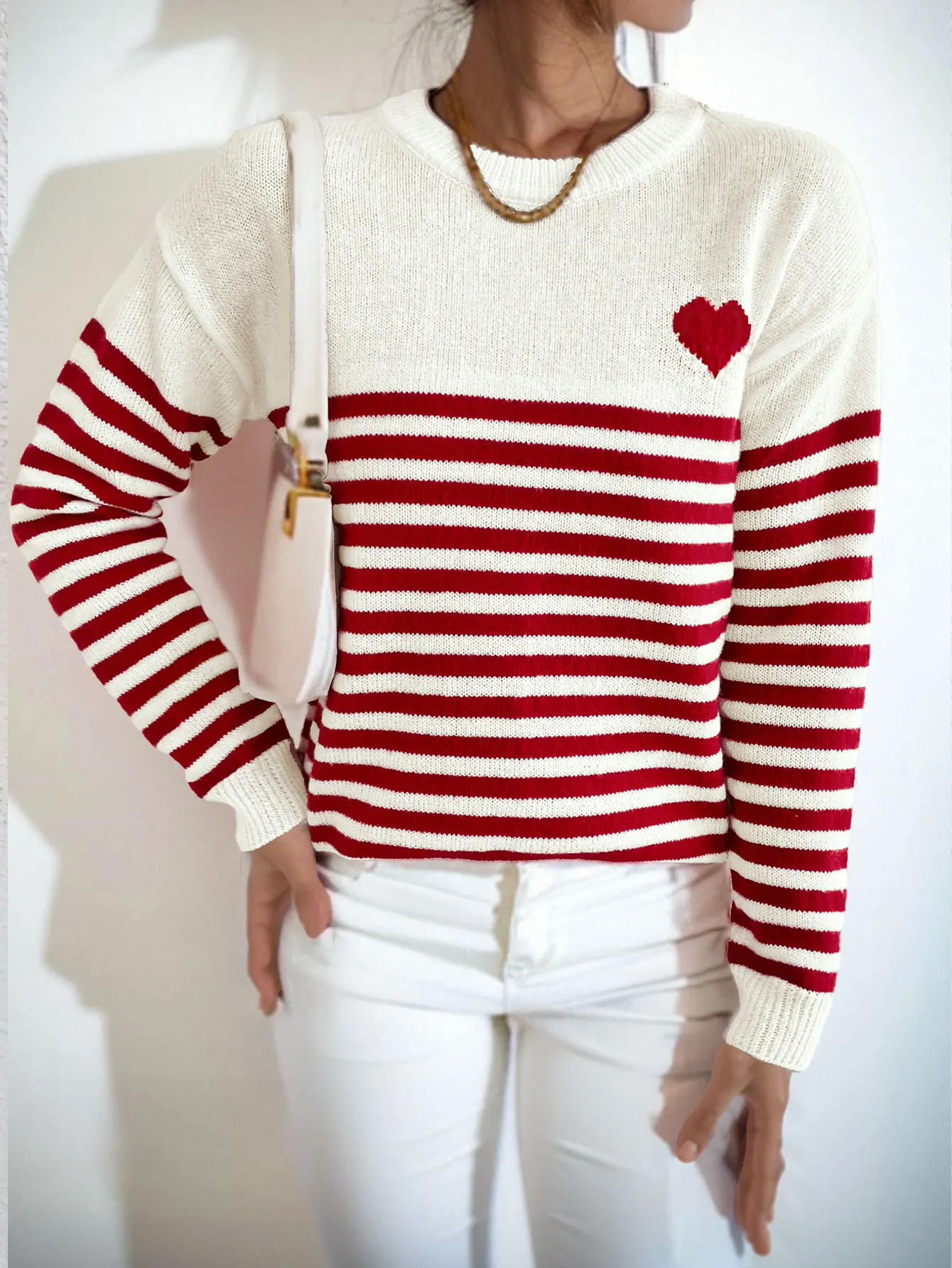 Women Striped Knit Love Heart Long Sleeve Base Layer Casual Loose Fit Sweater for Autumn & Winter