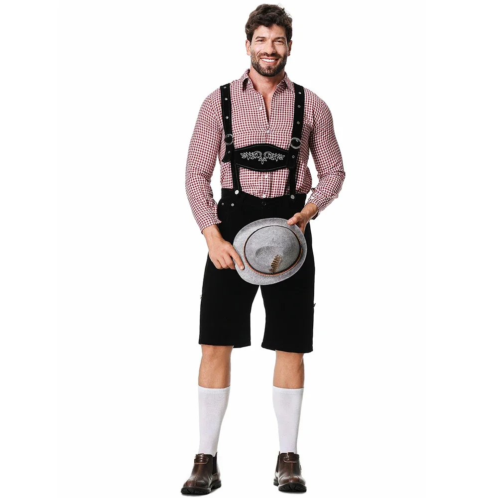 Herren Bayerisches Oktoberfest Lederhosen Kostüm Deutsches Bierfest Hosenträger Strampler Hemd Hut Set Halloween Cosplay Kostüme – Detail 14