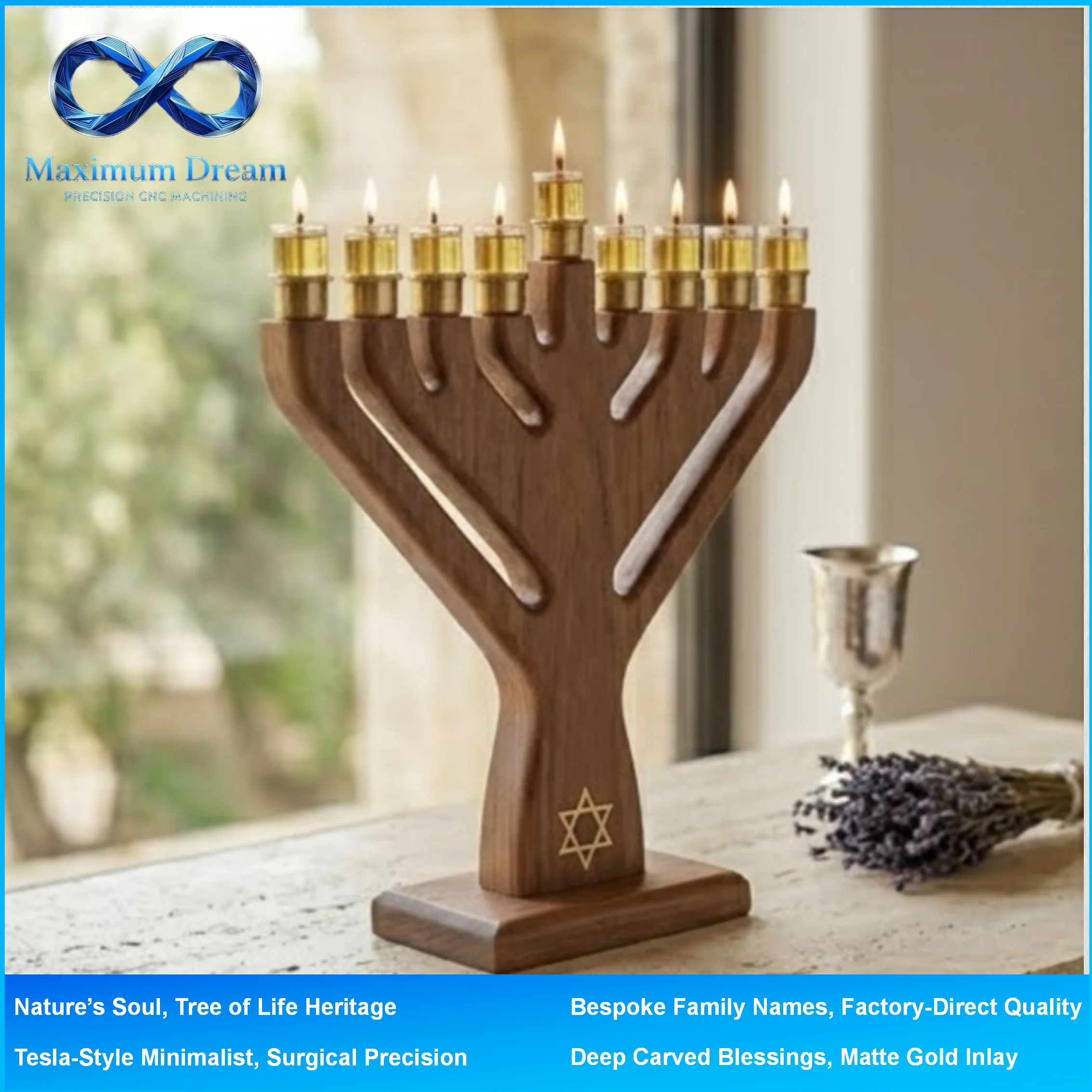 Custom CNC Machining for Walnut Hanukkah Menorah - Factory Bespoke Jewish Judaica per Your Design - Precision Metal & Wood Shop