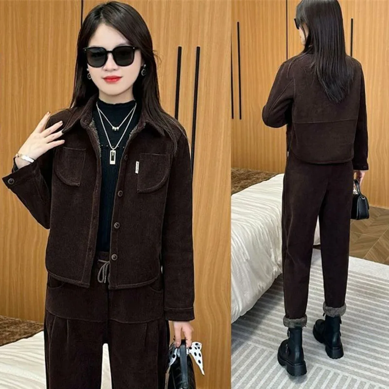 Autumn Winter Female Corduroy Sportswear Suit Lady Thickening Sport Suit Women Fashion Solid Color Large Size 4XL Tracksuit Sets