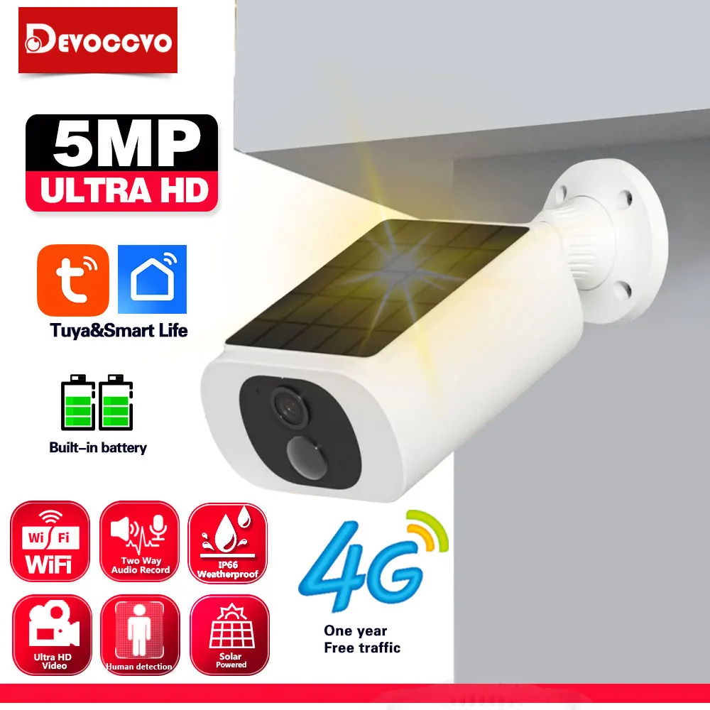 

Smart Life 4G Solar Bullet Camera Outdoor 5MP Waterproof Battery Powered Wireless CCTV Security Surveillance Camera 2 Way Audio