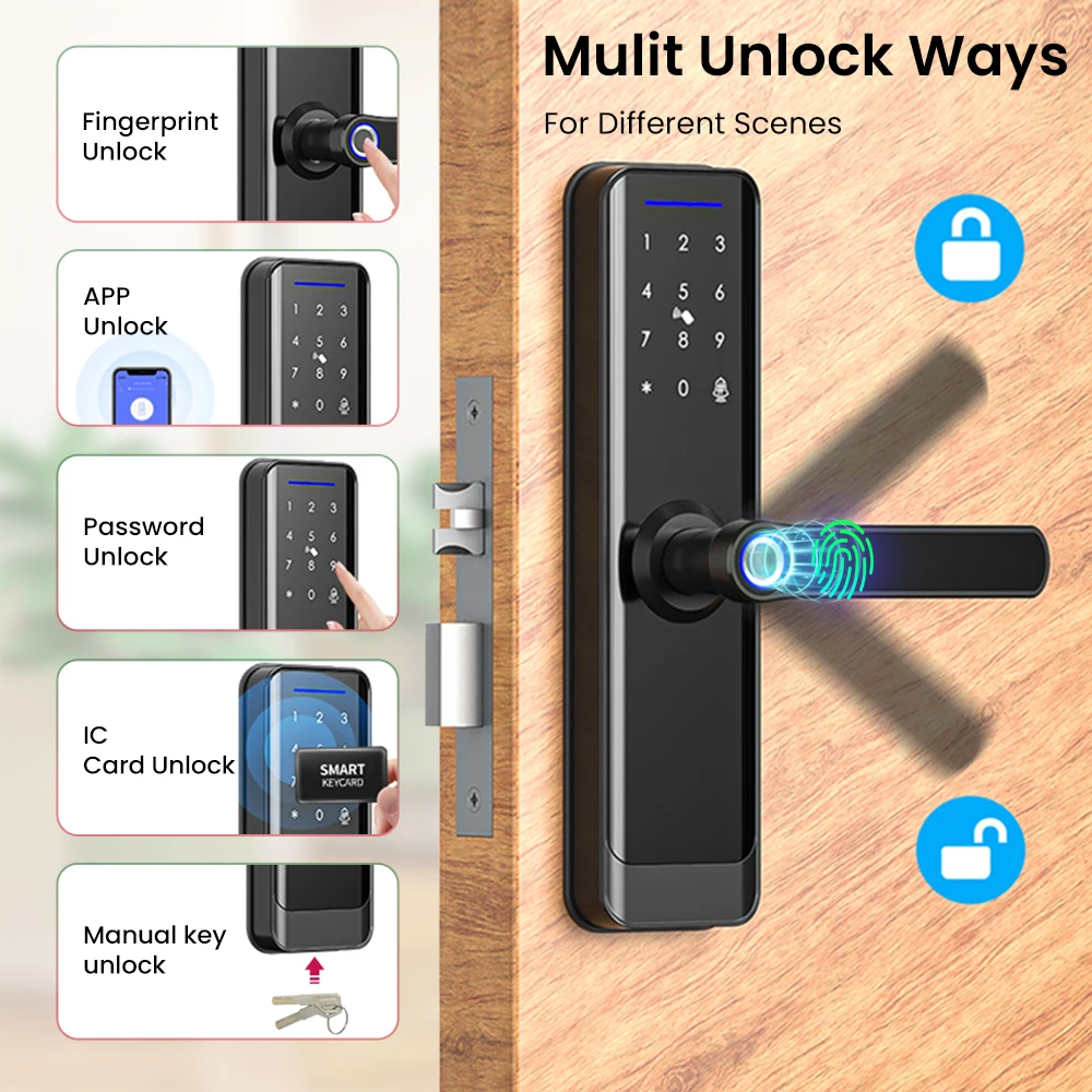 Cerradura de puerta inteligente MIUCDA Tuya WiFi con huella dactilar biométrica/tarjeta inteligente/contraseña/llave de desbloqueo Control remoto por aplicación Smart Life