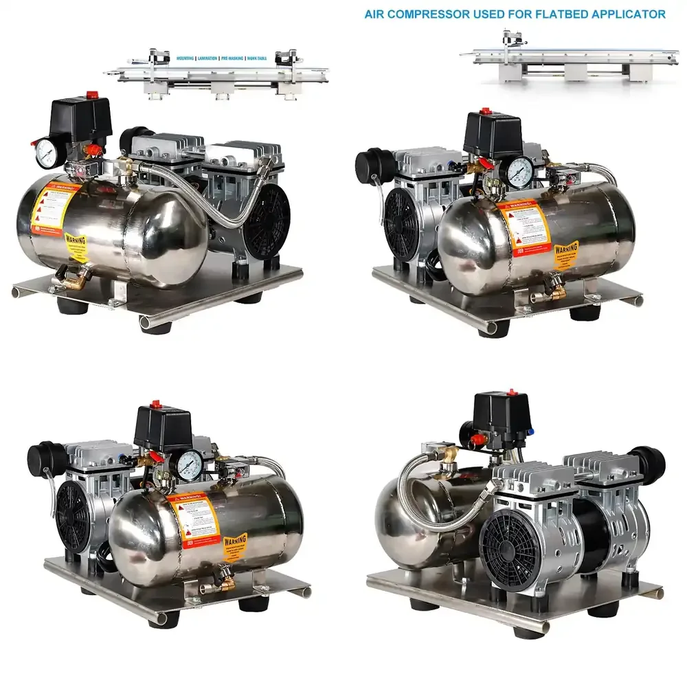 

Портативный бесшумный воздушный компрессор 550 Вт для 8-барных безмасляных систем с воздушным охлаждением, двигателем и 6-литровым резервуаром из нержавеющей стали, для аппликаторов с плоской платформой