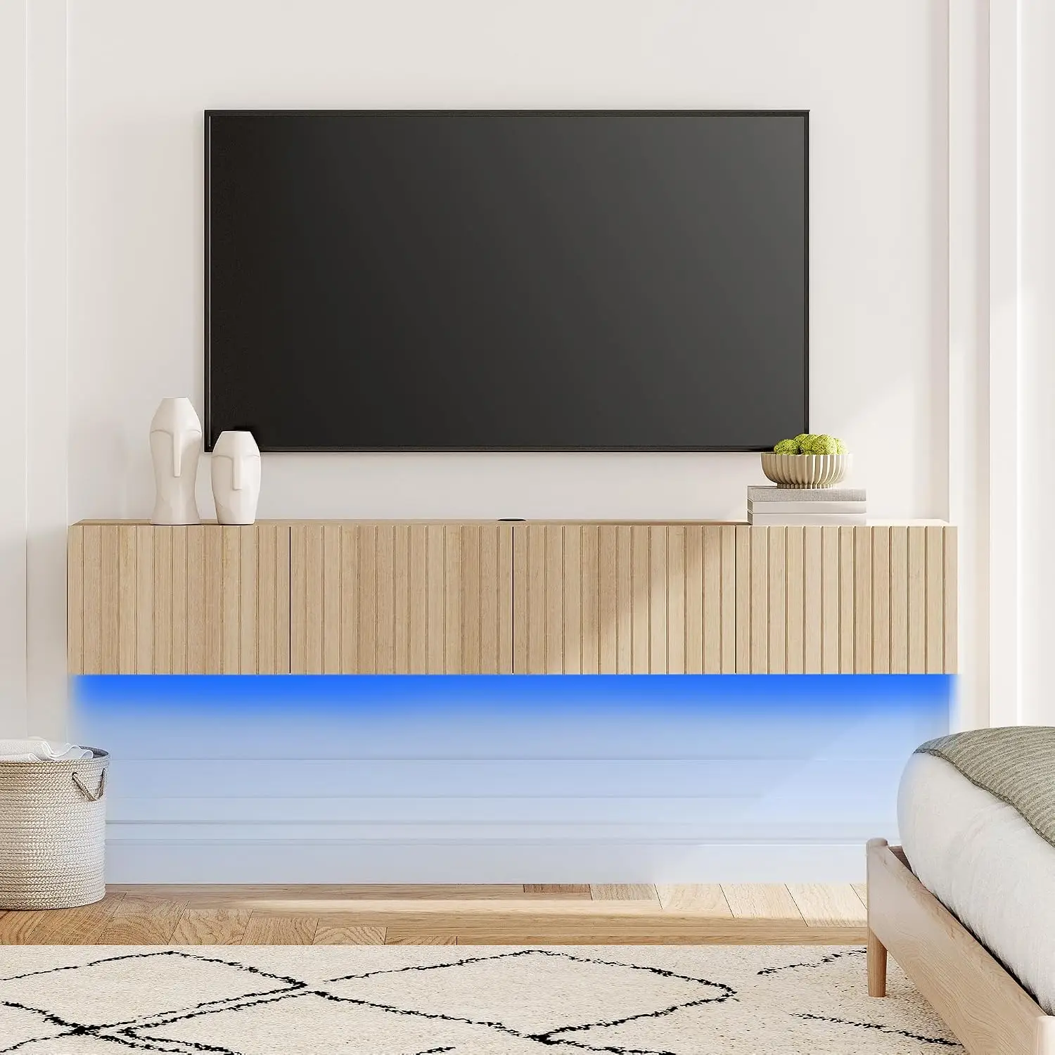 LED Fluted Floating TV Stand Wall Mounted 80 Inch Media Console 4 Doors Living Room Bedroom, Customized