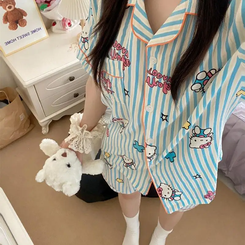 

Sanrio summer Korean version Loose Fresh Hello kittys Short sleeve Set taste Light Breathable Home Sleep Exquisite Kawaii Girl