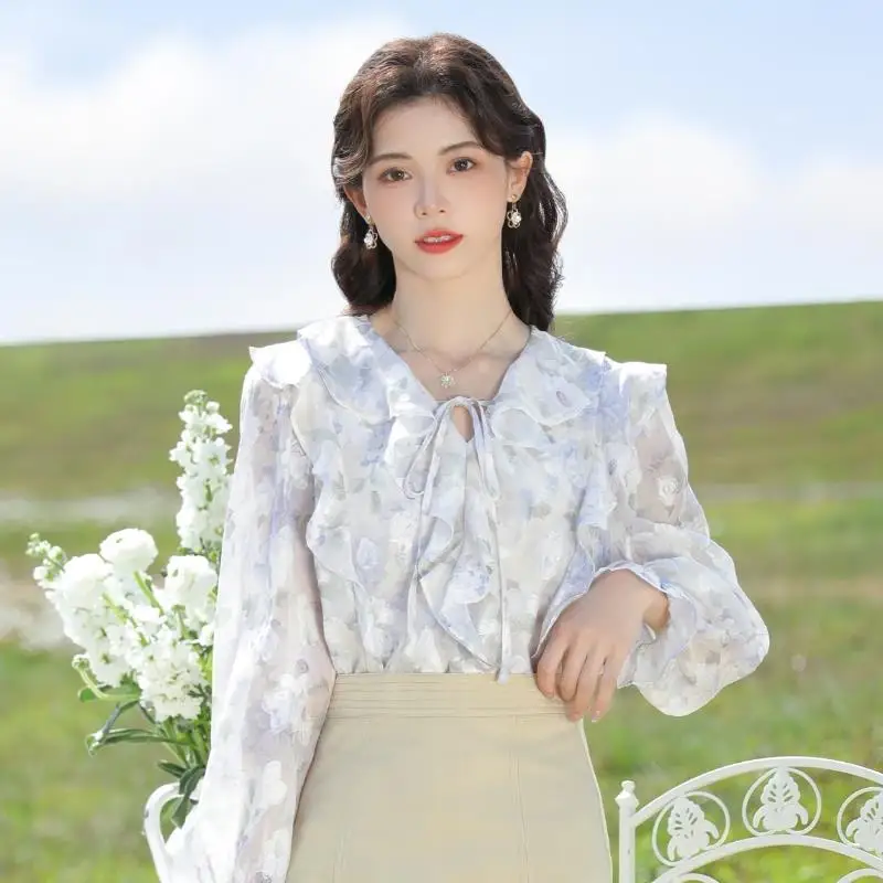 Korea Ruffles V-neck Blouses Women Long Sleeve Floral Lace-up Fairy Holiday Tender Temperament Ladies Spring Leisure